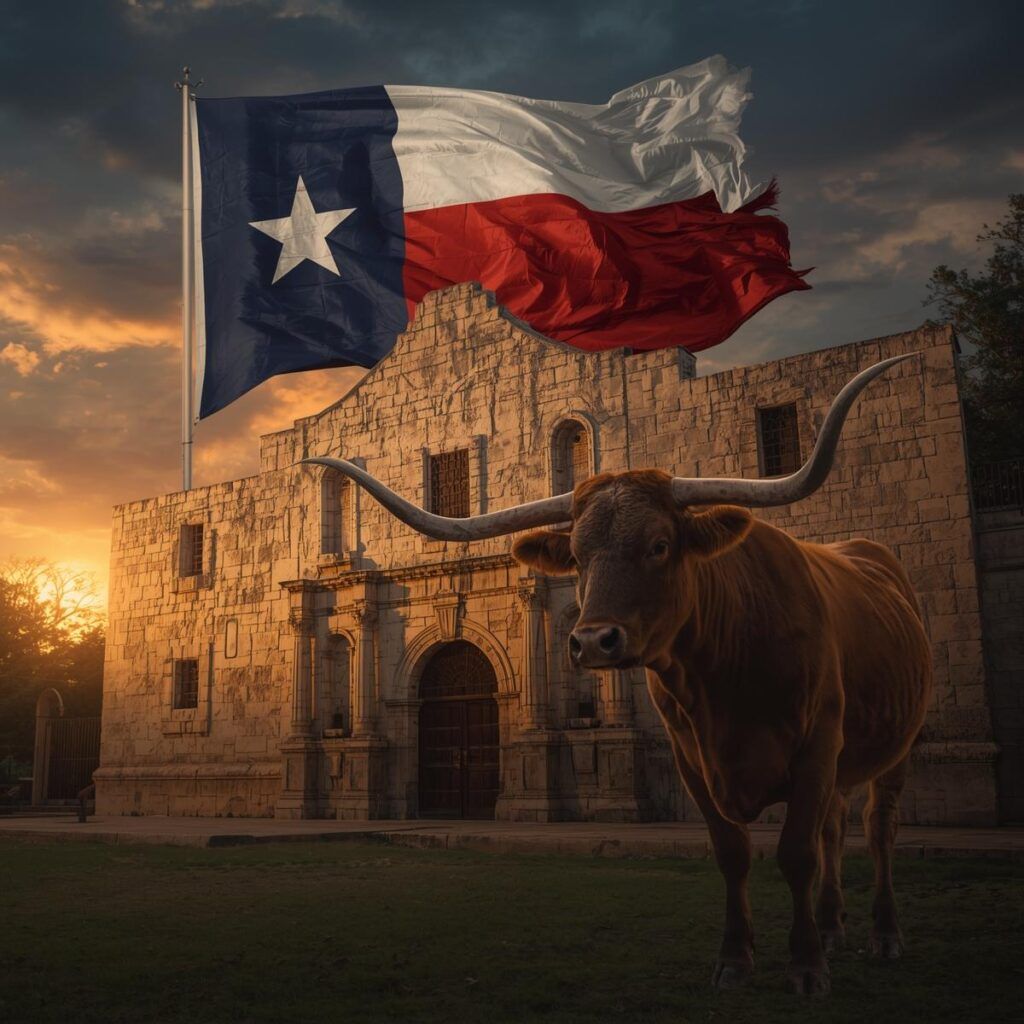 Image of the Alamo at sunset with the Texas flag flying above and a longhorn steer standing in the foreground.