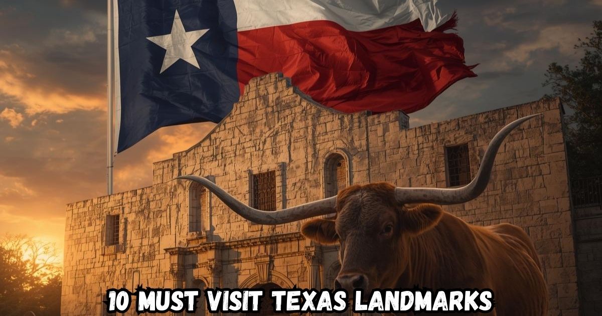 10 Must Visit Texas Landmarks featured image showing the alamo at sunset with a longhorn steer.