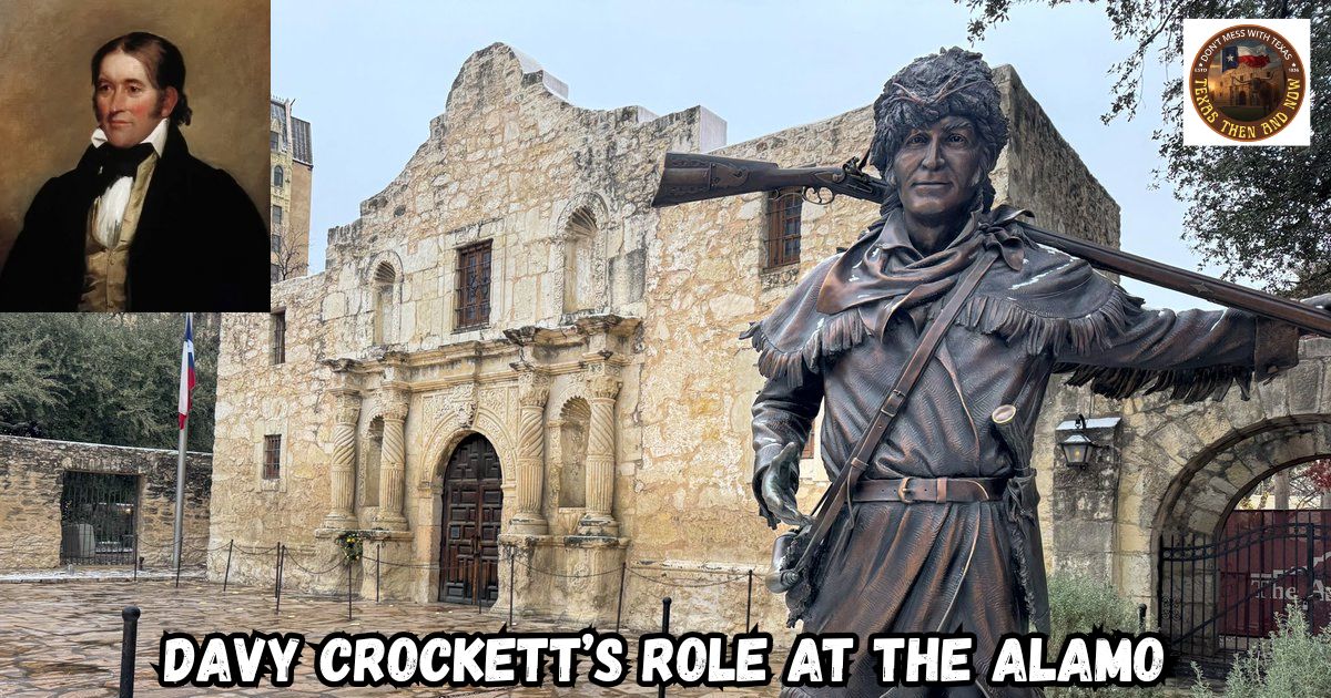 Davy Crockett's Role at the Alamo featured image showing a stature of Davy Crockett in front of the Alamo.
