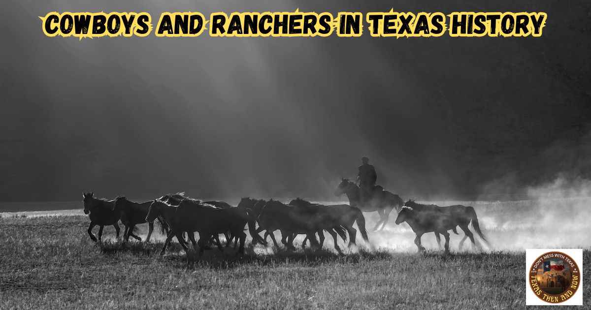 Cowboys and Ranchers in Texas History featured image showing a cowboy working a herd of horses.