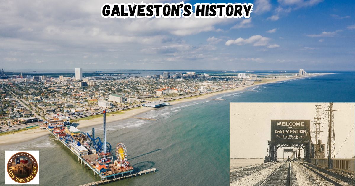 Galveston's History showing a drone image of Galveston
